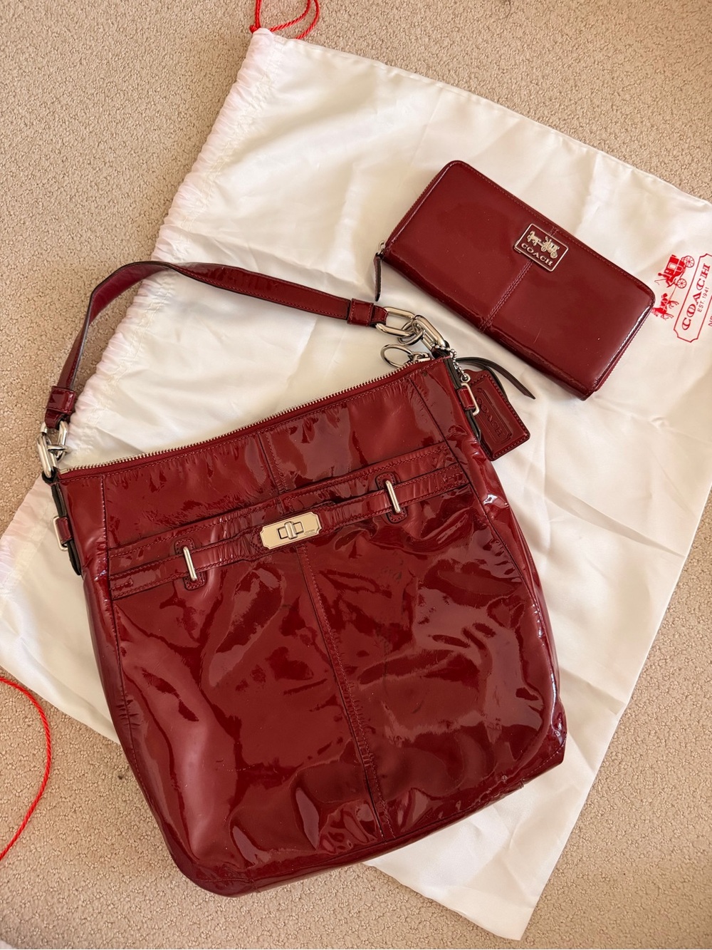 Coach Red Patent Leather Shoulder Bag with Matching Wallet